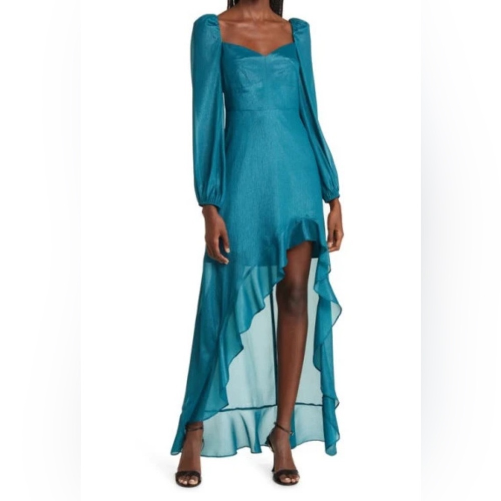 FLORET STUDIOS Cascading Small Ruffle Long Sleeve Satin Dress in Teal Green